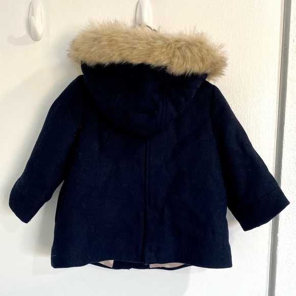 Zara baby zip front/toggle button closure, removable fur lined hood wool coat - Picture 3 of 7